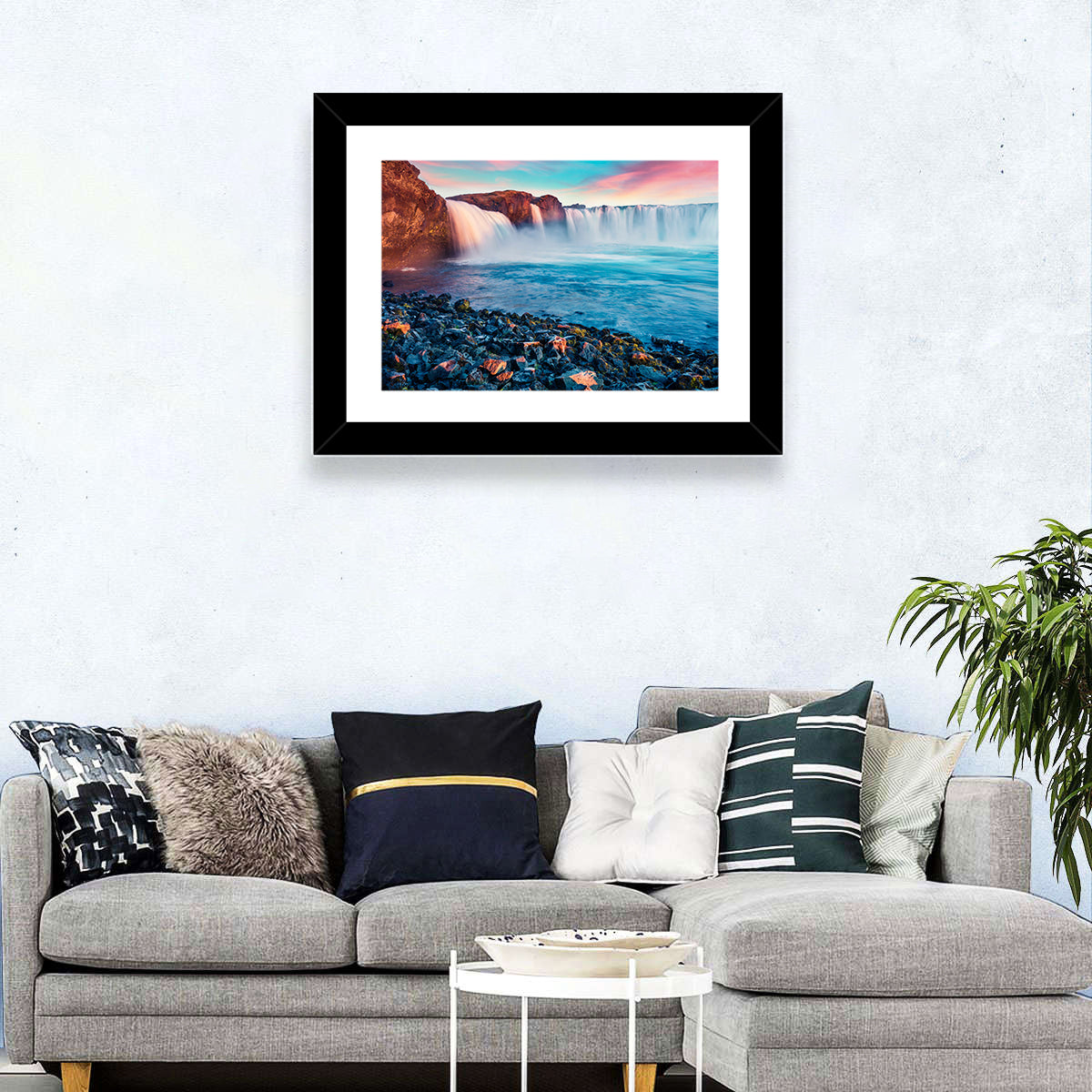 Goðafoss Waterfall at Sunset Wall Art in a room, landscape