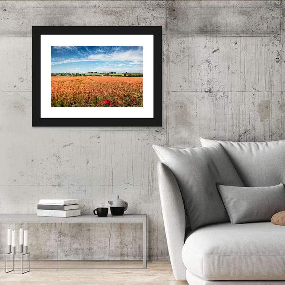 Golden Wheat Field with Poppies Wall Art in a room, landscape