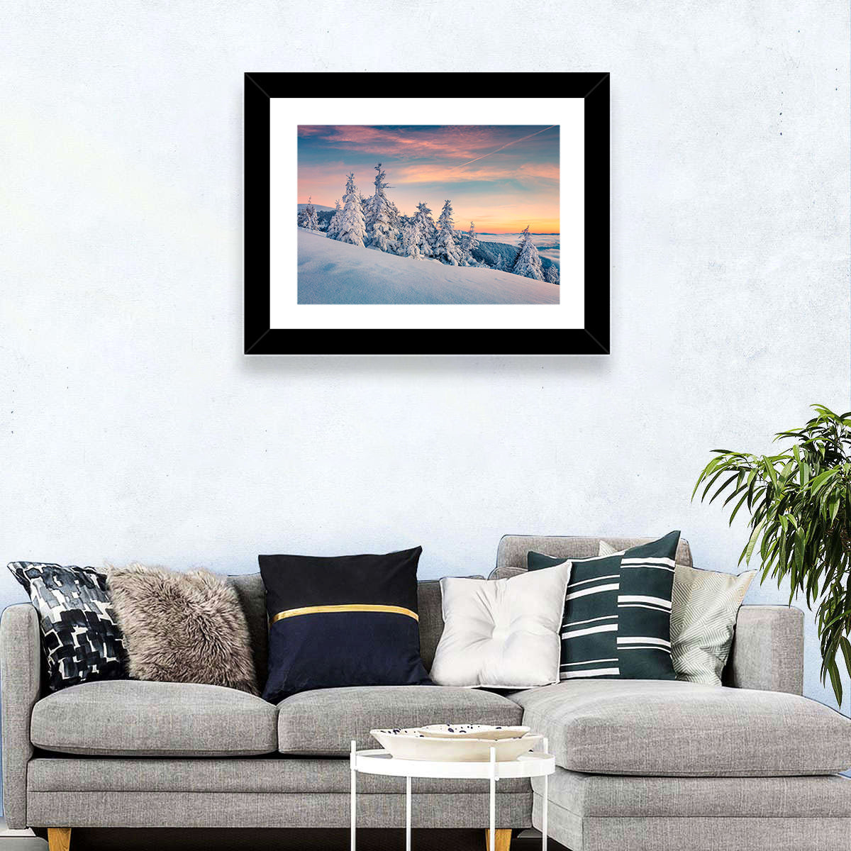 Snowy Carpathian Sunset Wall Art in a room, landscape