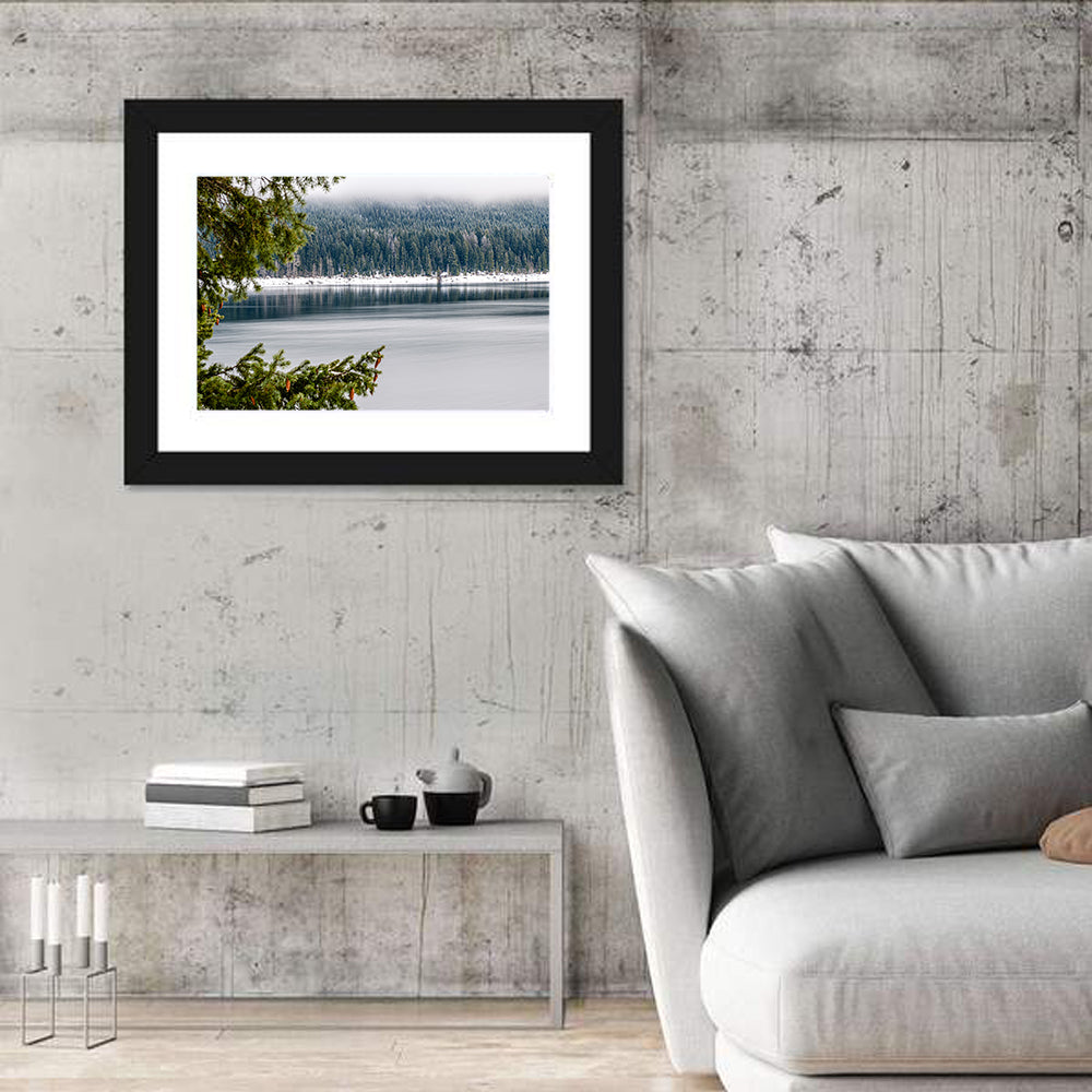 Lake Kachess Foggy Shore Wall Art in a room, landscape