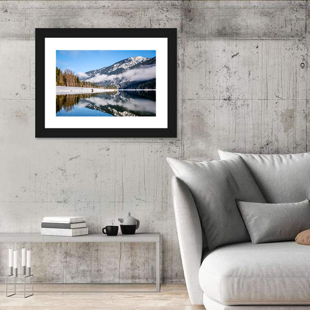Snow-capped Kachess Lake Reflection Wall Art in a room, landscape