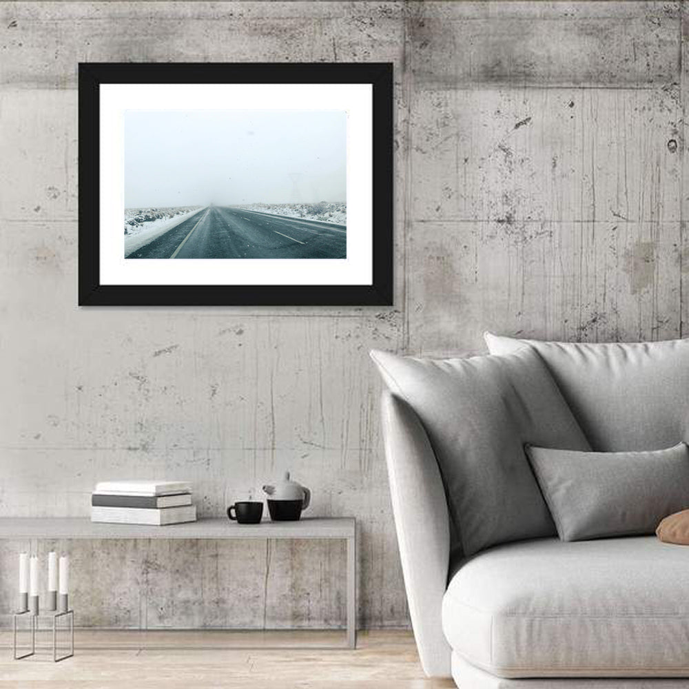 Foggy Winter Mountain Road Wall Art in a room, landscape