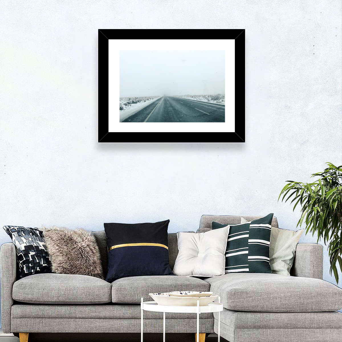 Foggy Winter Mountain Road Wall Art in a room, landscape