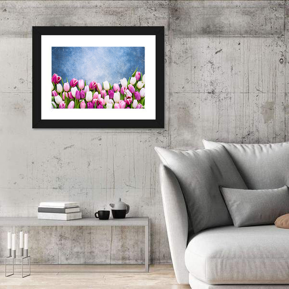 Tulips on Textured Blue Wall Art in a room, landscape