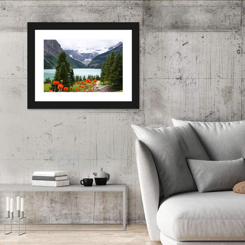 Lake Louise Poppies Wall Art in a room, landscape
