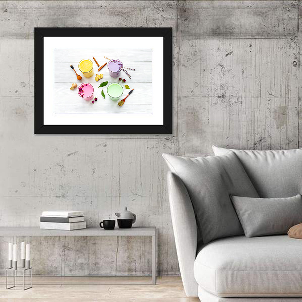 Four Lattes with Botanicals Wall Art in a room, landscape