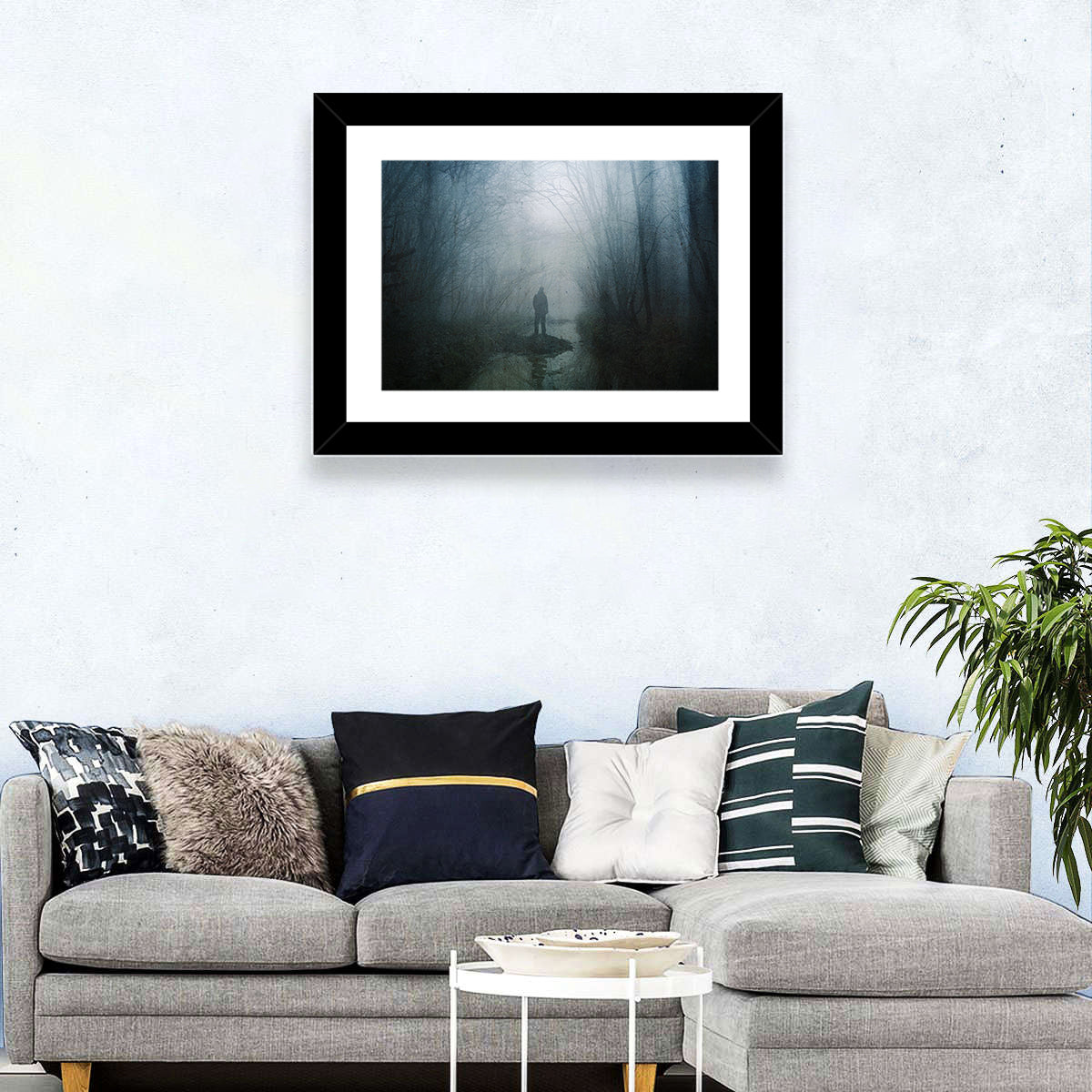 Foggy Forest Pathway Wall Art in a room, landscape