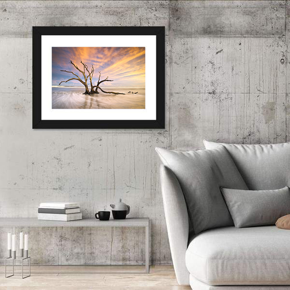 Folly Beach Driftwood Sunset Wall Art in a room, landscape