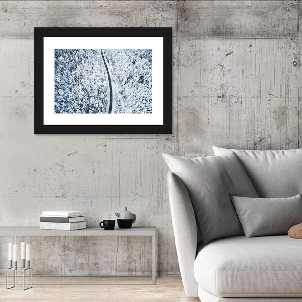 Winding Snow-covered Forest Road Wall Art in a room, landscape