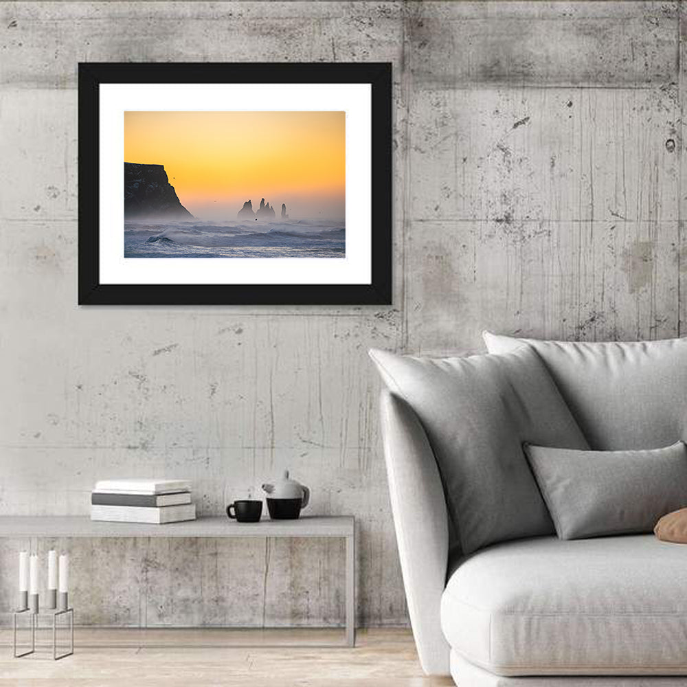 Dyrholaey Cliff with Reynisdrangar Sea Stacks Wall Art in a room, landscape