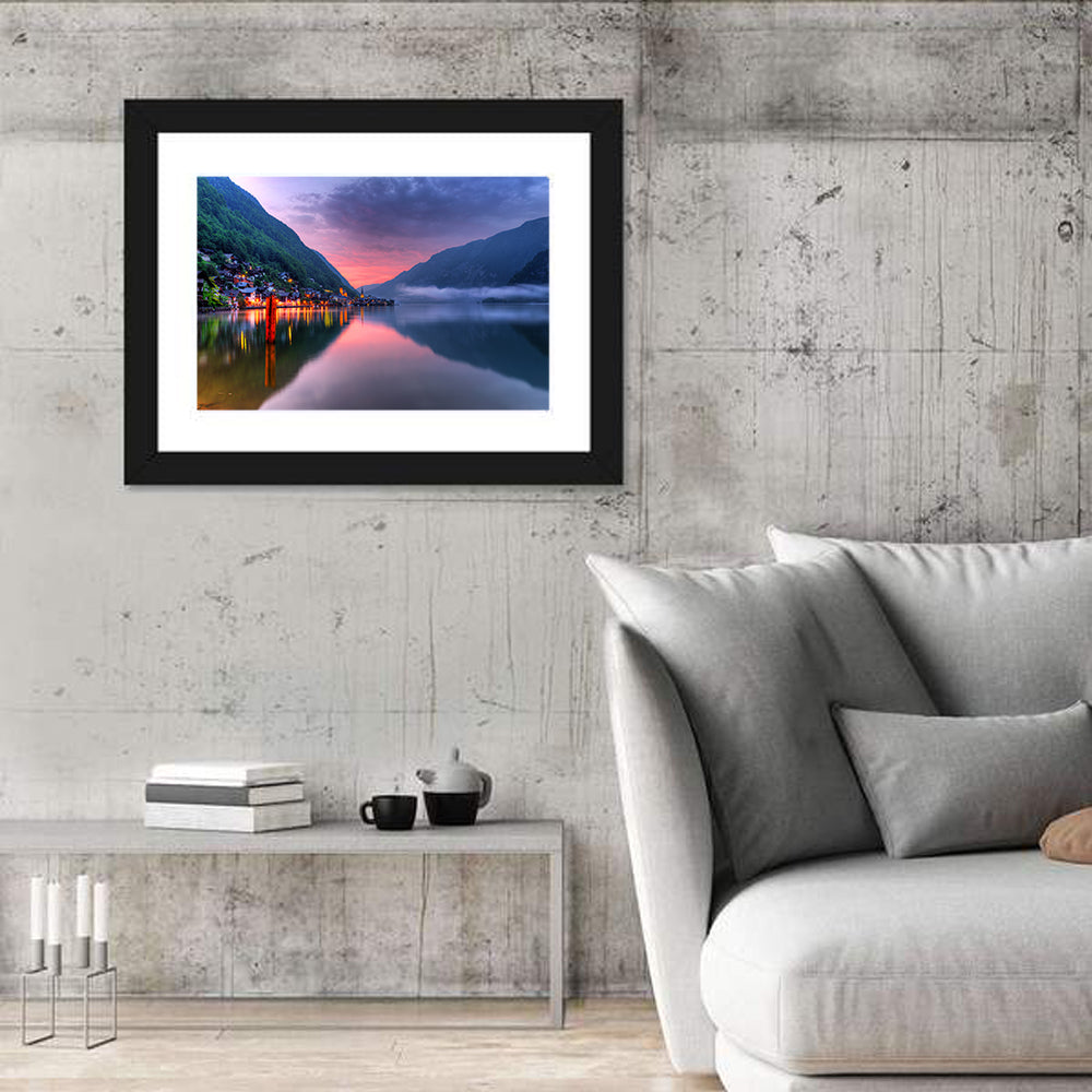 Hallstatt Mountain Village Wall Art in a room, landscape