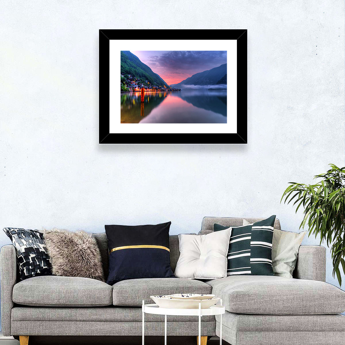 Hallstatt Mountain Village Wall Art in a room, landscape