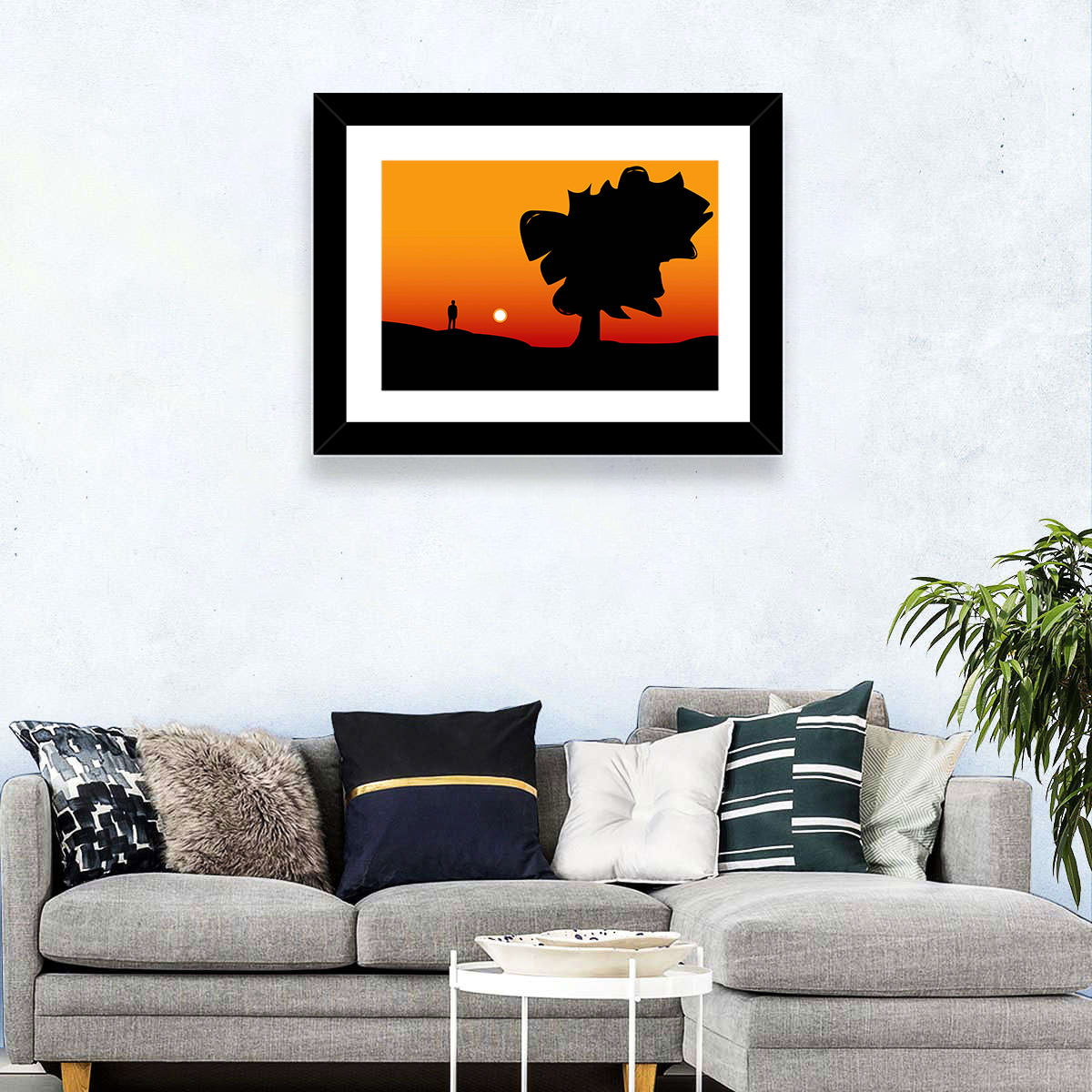Solitary Sunset Silhouette Wall Art in a room, landscape