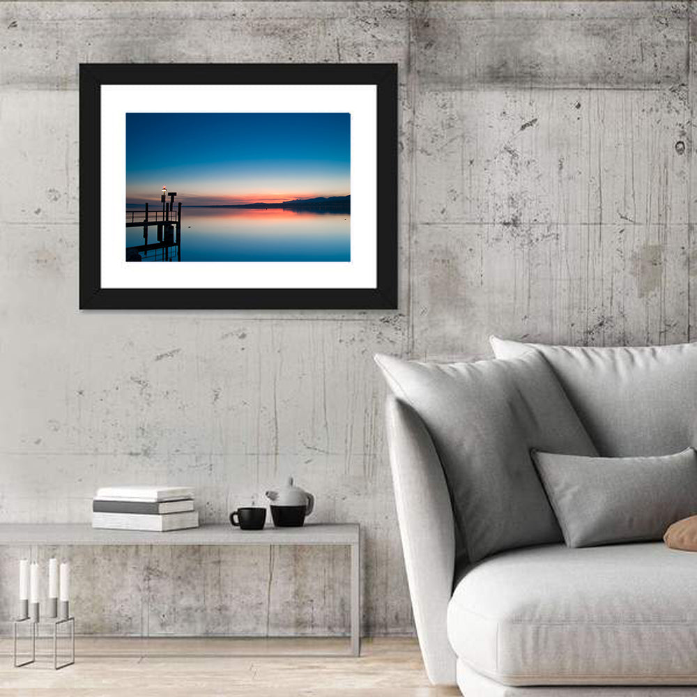 Lake Geneva Sunrise Pier Wall Art in a room, landscape