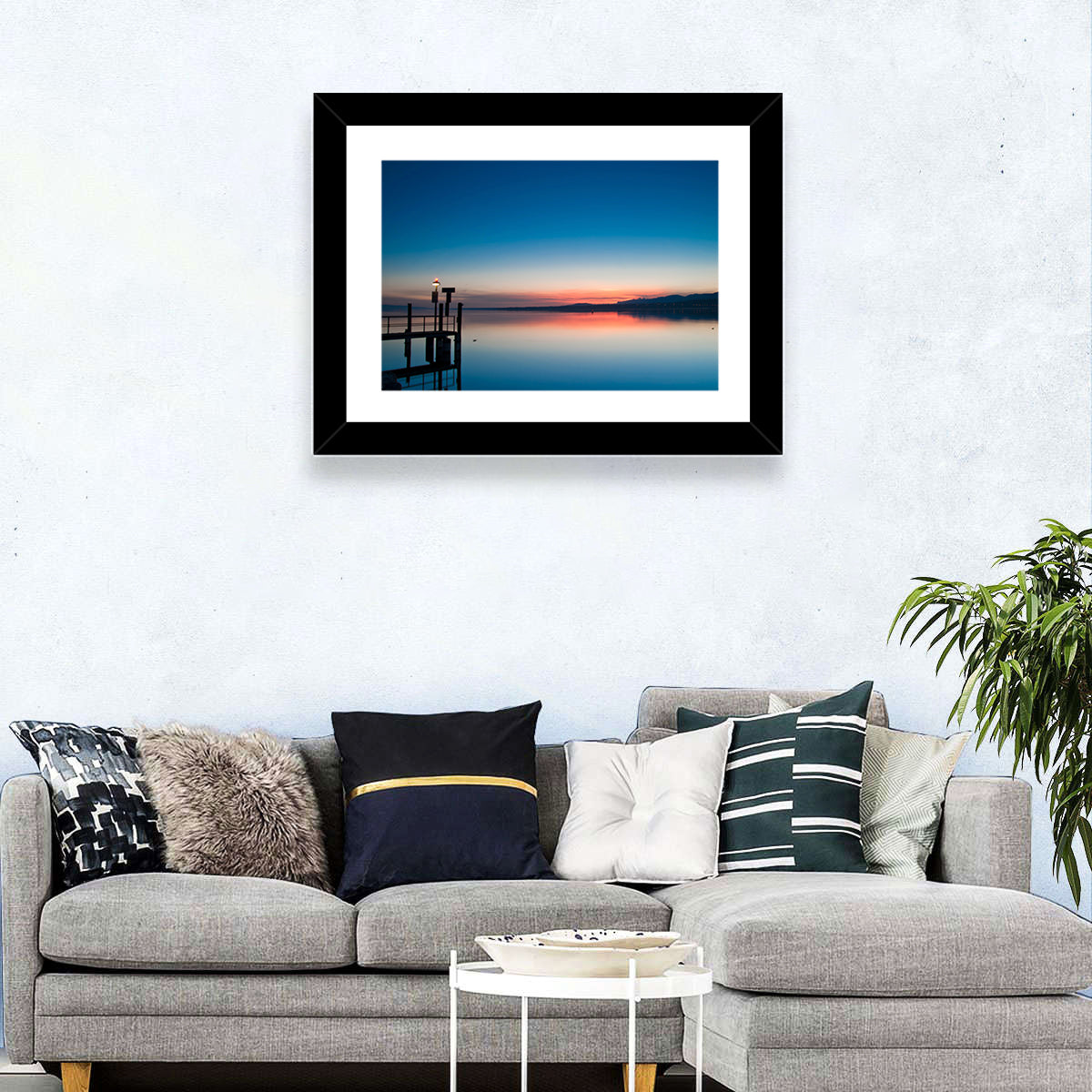 Lake Geneva Sunrise Pier Wall Art in a room, landscape