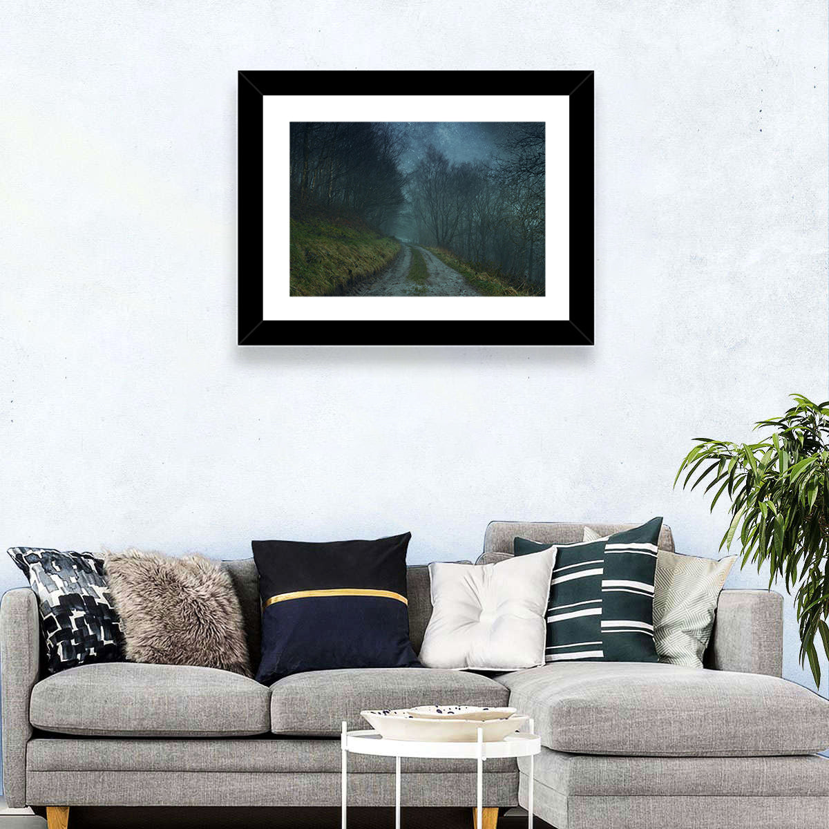 Misty Forest Pathway Wall Art in a room, landscape