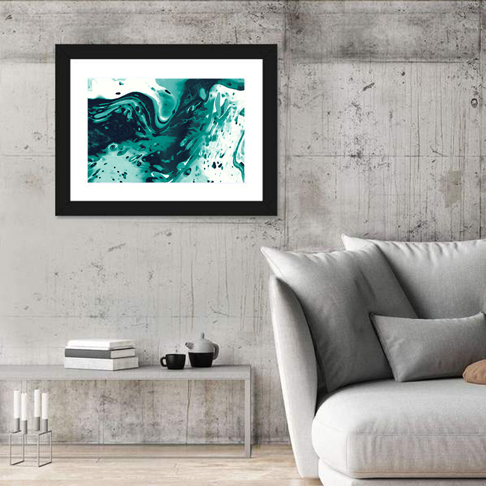 Teal Wave Abstract Wall Art in a room, landscape