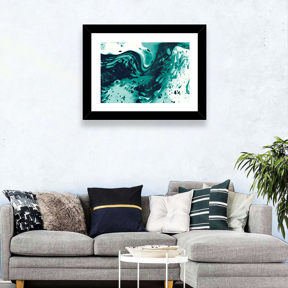 Teal Wave Abstract Wall Art in a room, landscape