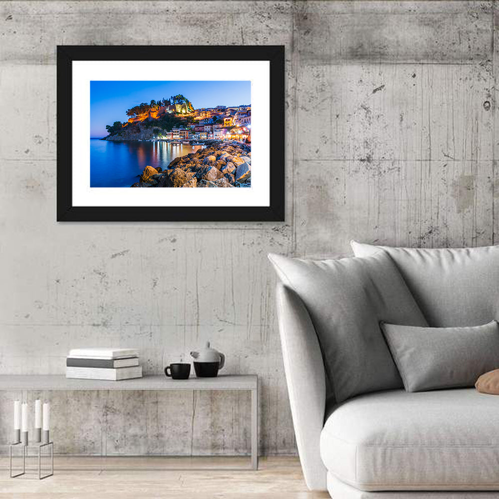 Parga Harbor at Dusk Wall Art in a room, landscape