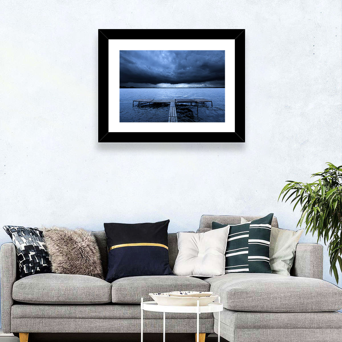 Stormy Lake Pier Wall Art in a room, landscape