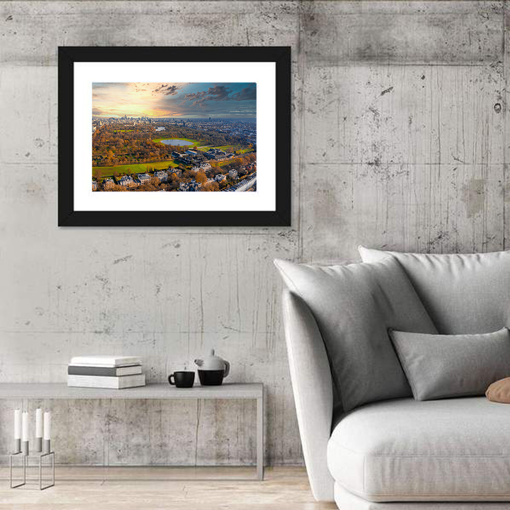 Cloudy Hyde Park Aerial Wall Art in a room, landscape