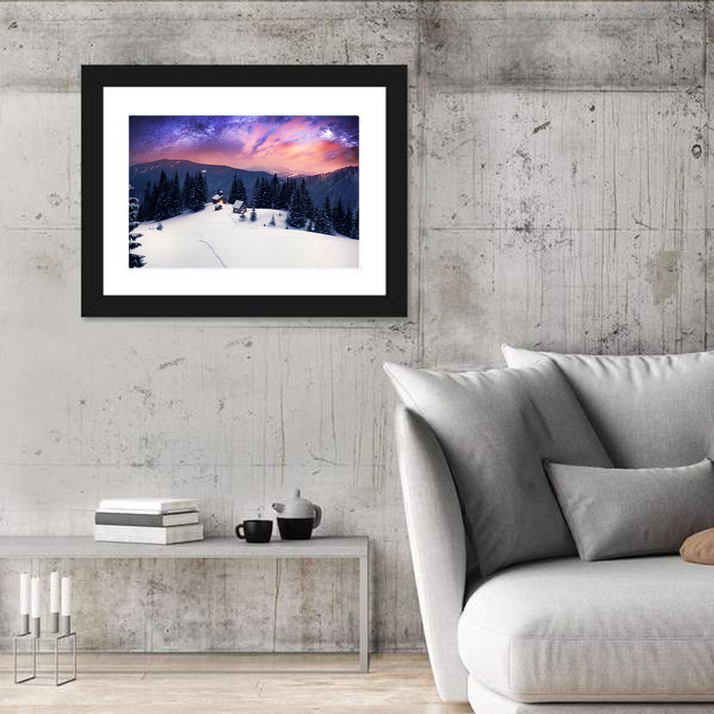 Starry Winter Cabins Under the Milky Way Wall Art