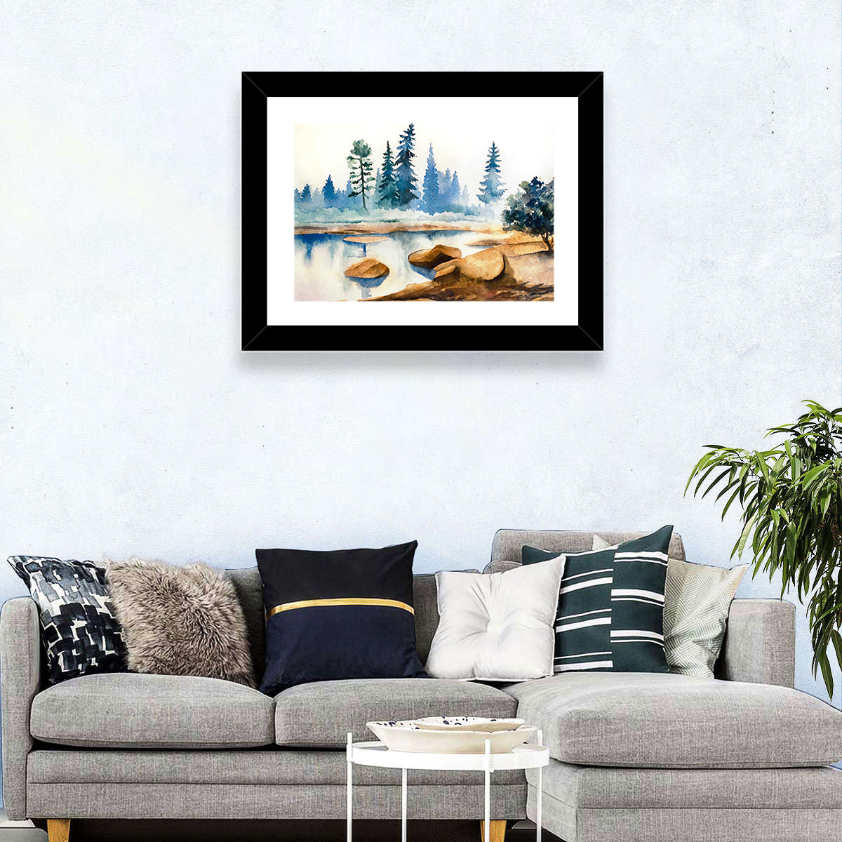 Misty Pine Stream Wall Art in a room, landscape