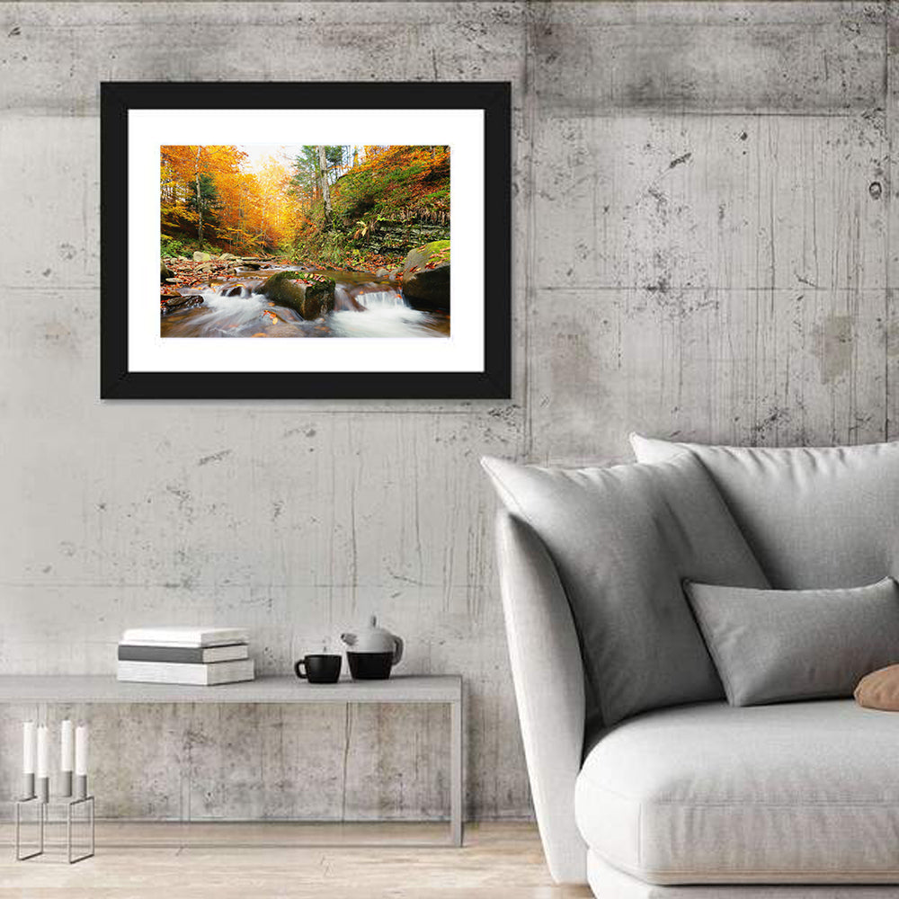 Forest Stream in Autumn Wall Art in a room, landscape