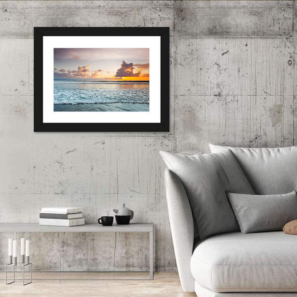 Golden Hour Beach Sunset Surf Wall Art in a room, landscape