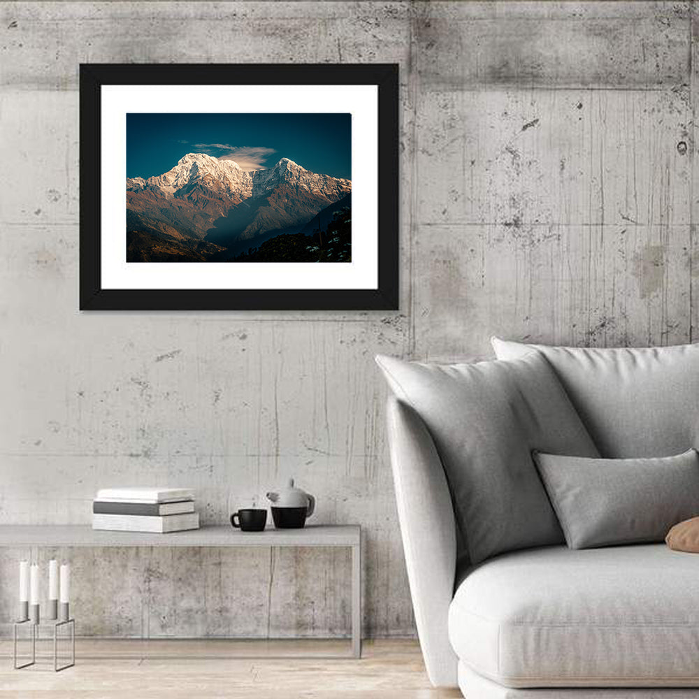 Annapurna South Summit with Wispy Clouds Wall Art in a room, landscape