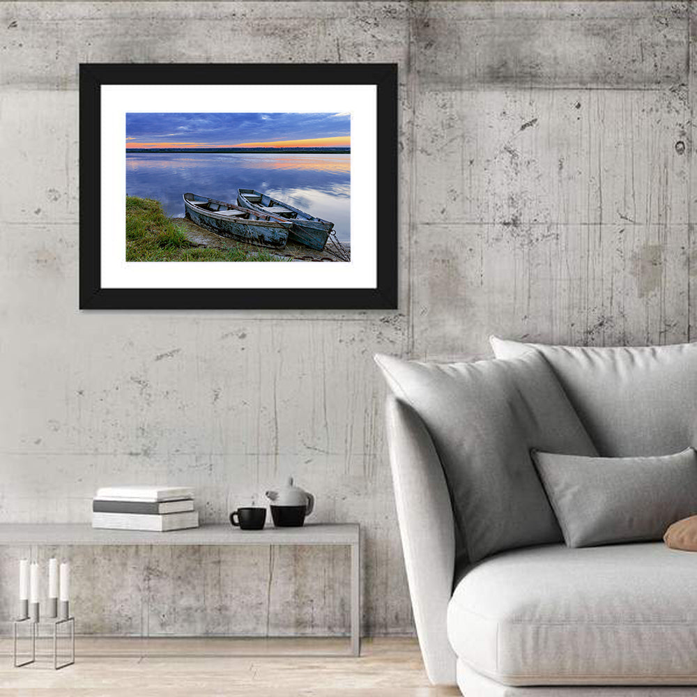 Chained Rowboats at Dusk Wall Art in a room, landscape