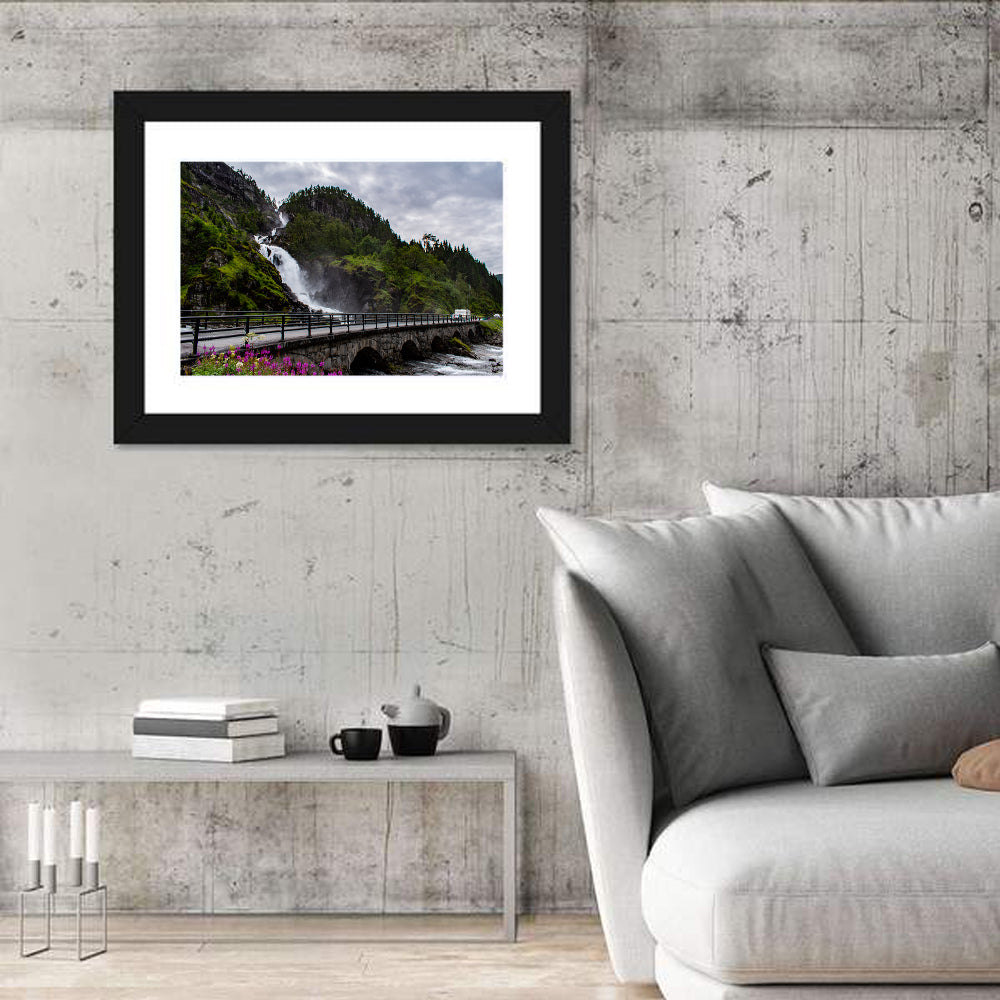 Låtefossen Stone Bridge and Waterfall Wall Art in a room, landscape