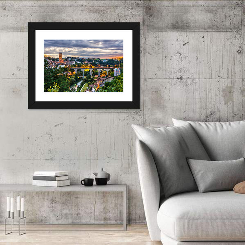 Zähringen Bridge at Twilight, Fribourg Wall Art in a room, landscape
