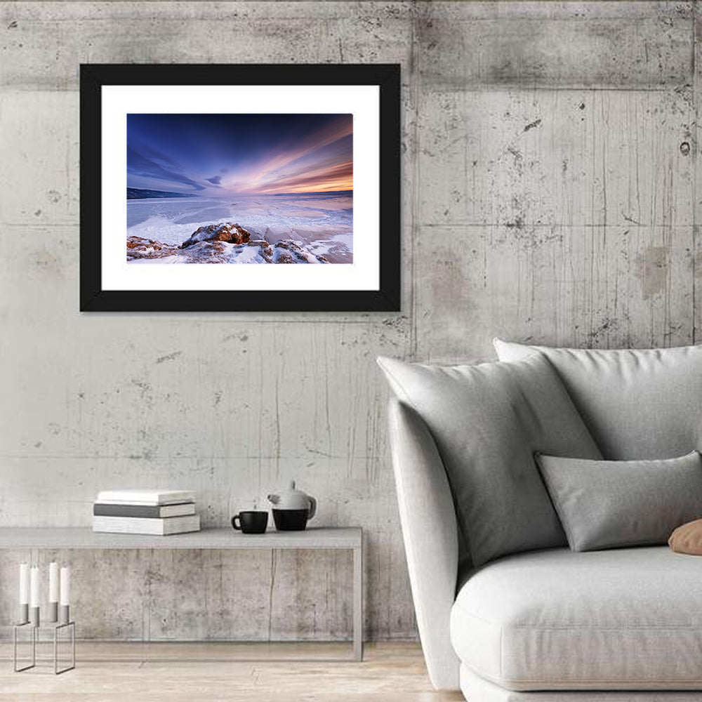 Frozen Lake Ice and Sunset Sky Wall Art in a room, landscape