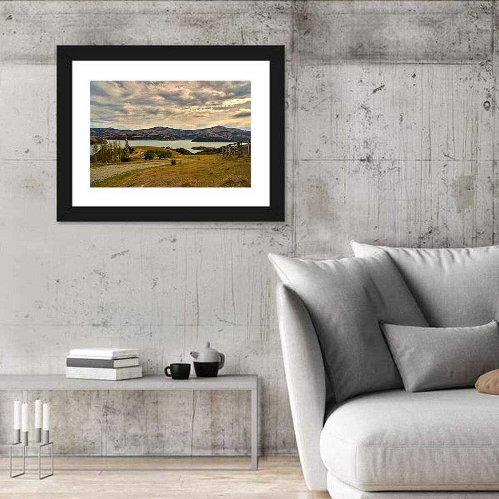 Akaroa Lake Gravel Path View Wall Art in a room, landscape