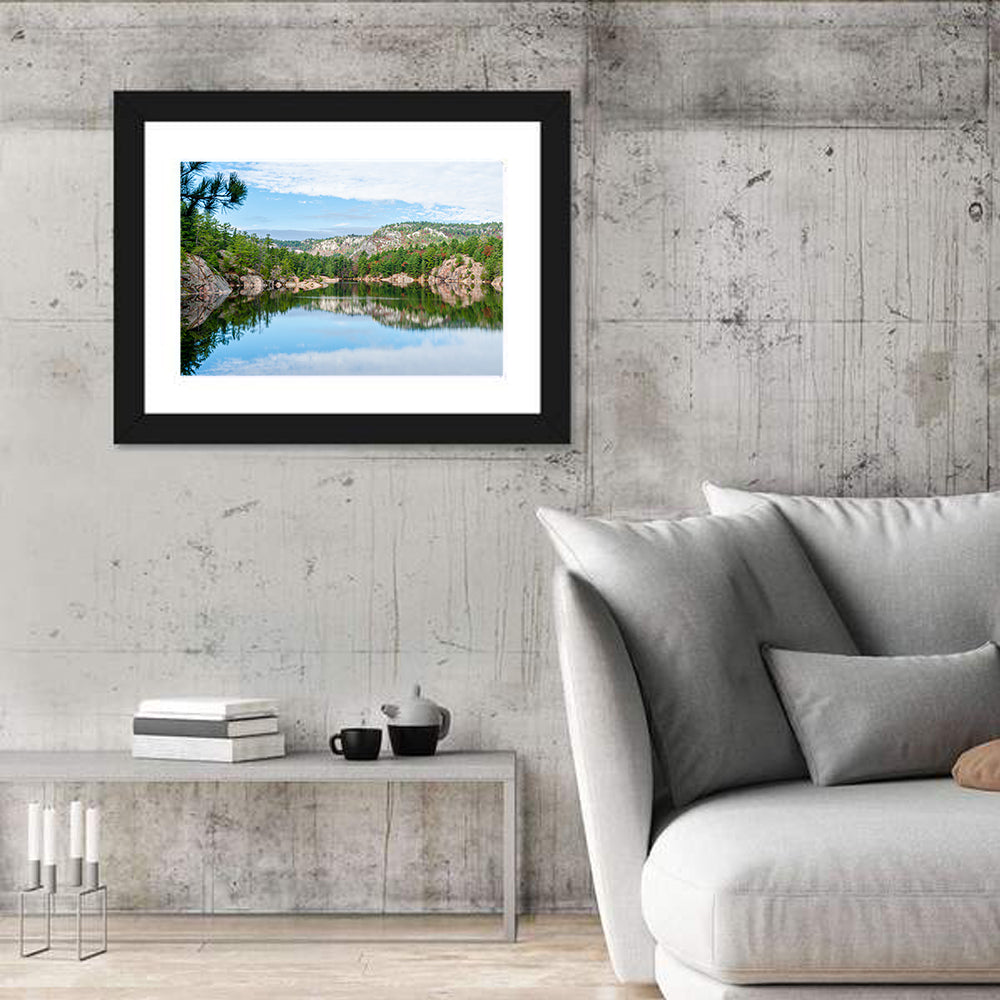 Mirror-quiet Lake and Pines Wall Art in a room, landscape