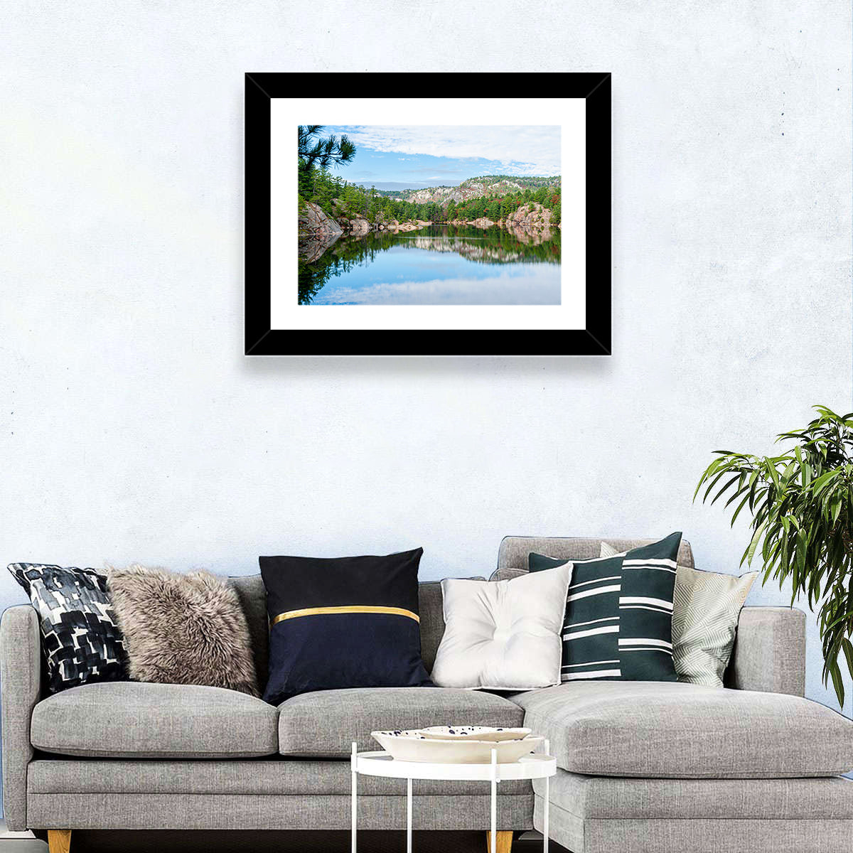 Mirror-quiet Lake and Pines Wall Art in a room, landscape