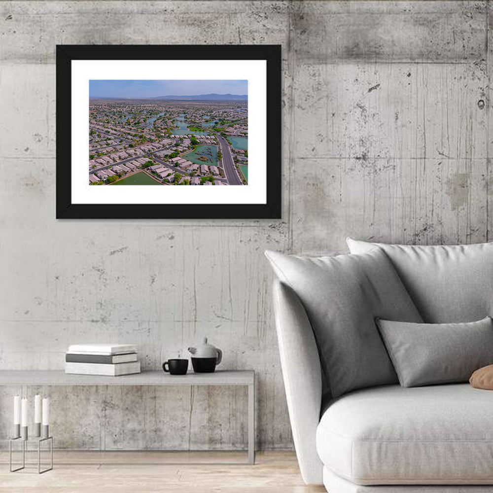 Aerial Desert Suburb with Lakes Wall Art in a room, landscape