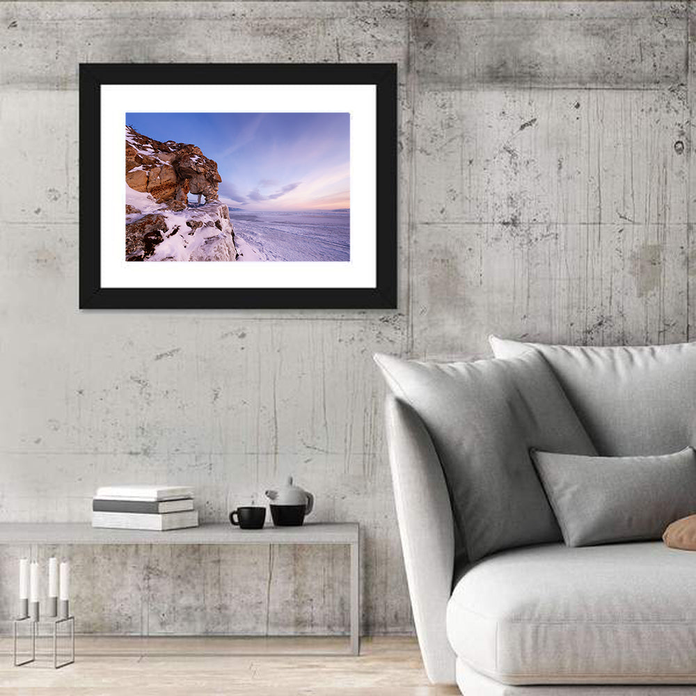 Lake Baikal Rock Arch at Winter Twilight Wall Art in a room, landscape