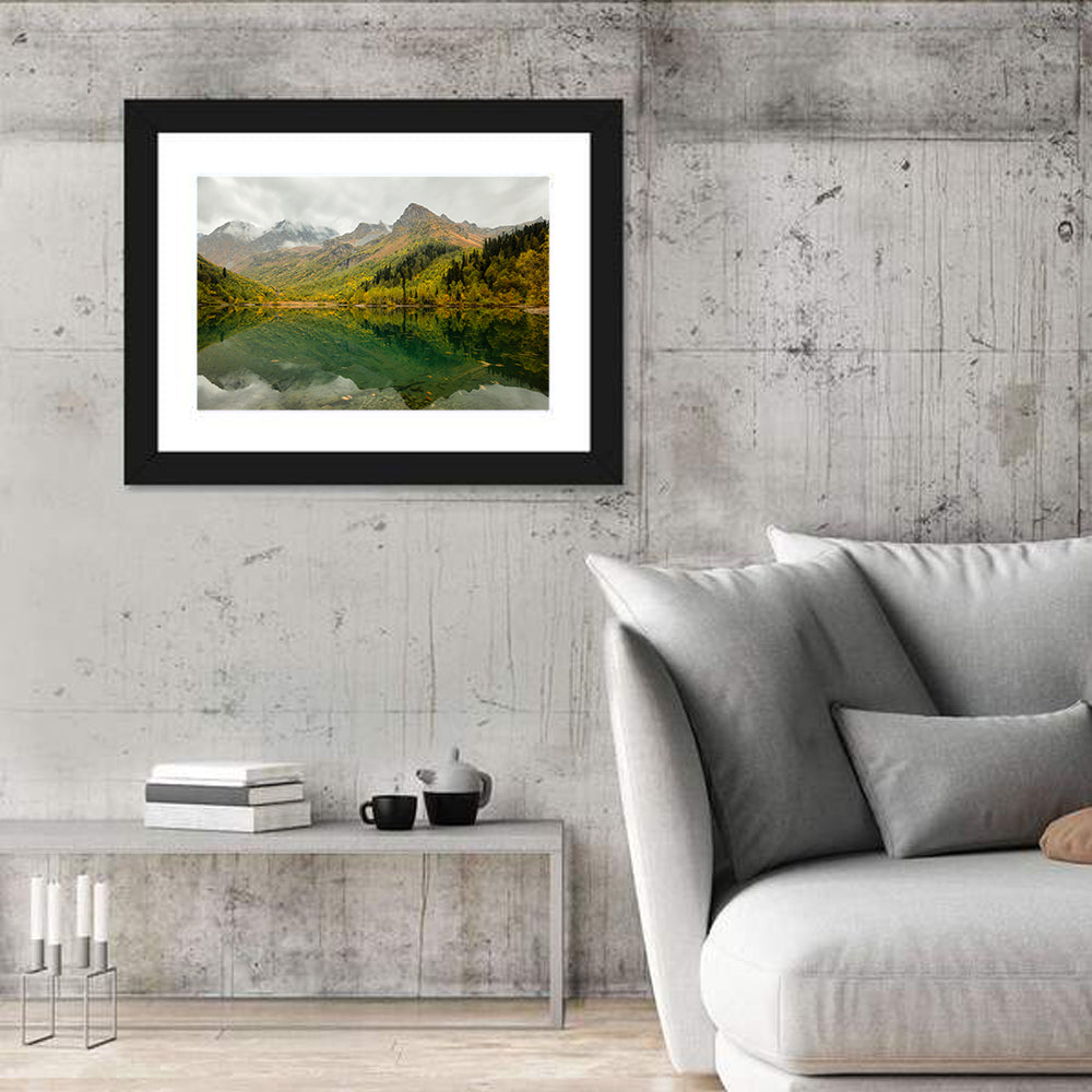 Kardyvach Lake Reflection Under Clouded Peaks Wall Art in a room, landscape