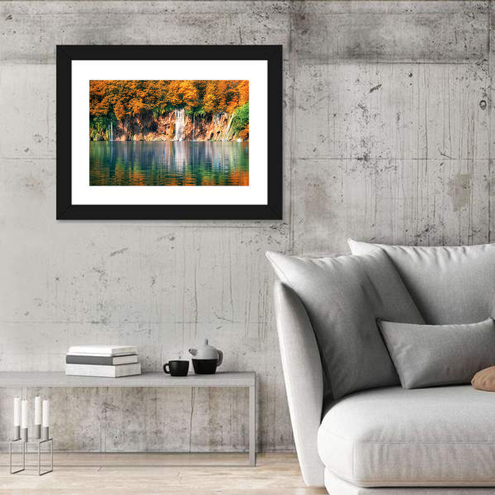 Autumn Reflections at Plitvice Lakes Wall Art in a room, landscape