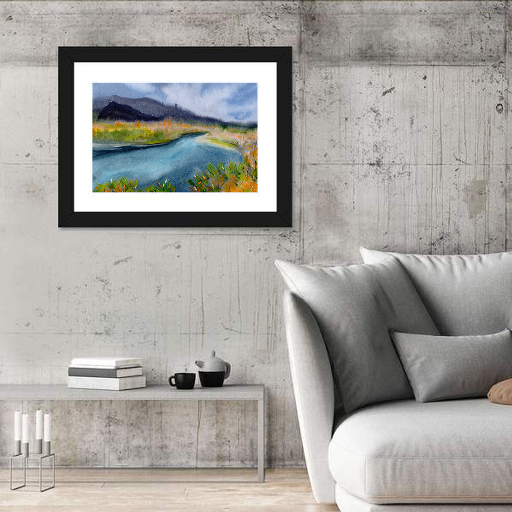 Misty Autumn River and Mountain Landscape Wall Art in a room, landscape
