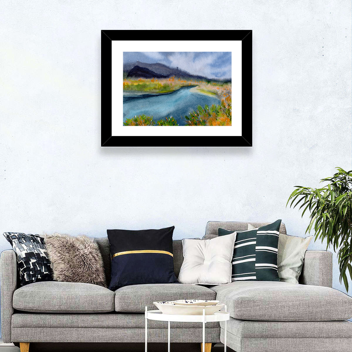 Misty Autumn River and Mountain Landscape Wall Art in a room, landscape
