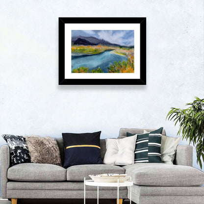 Lake by Mountains Watercolor Wall Art