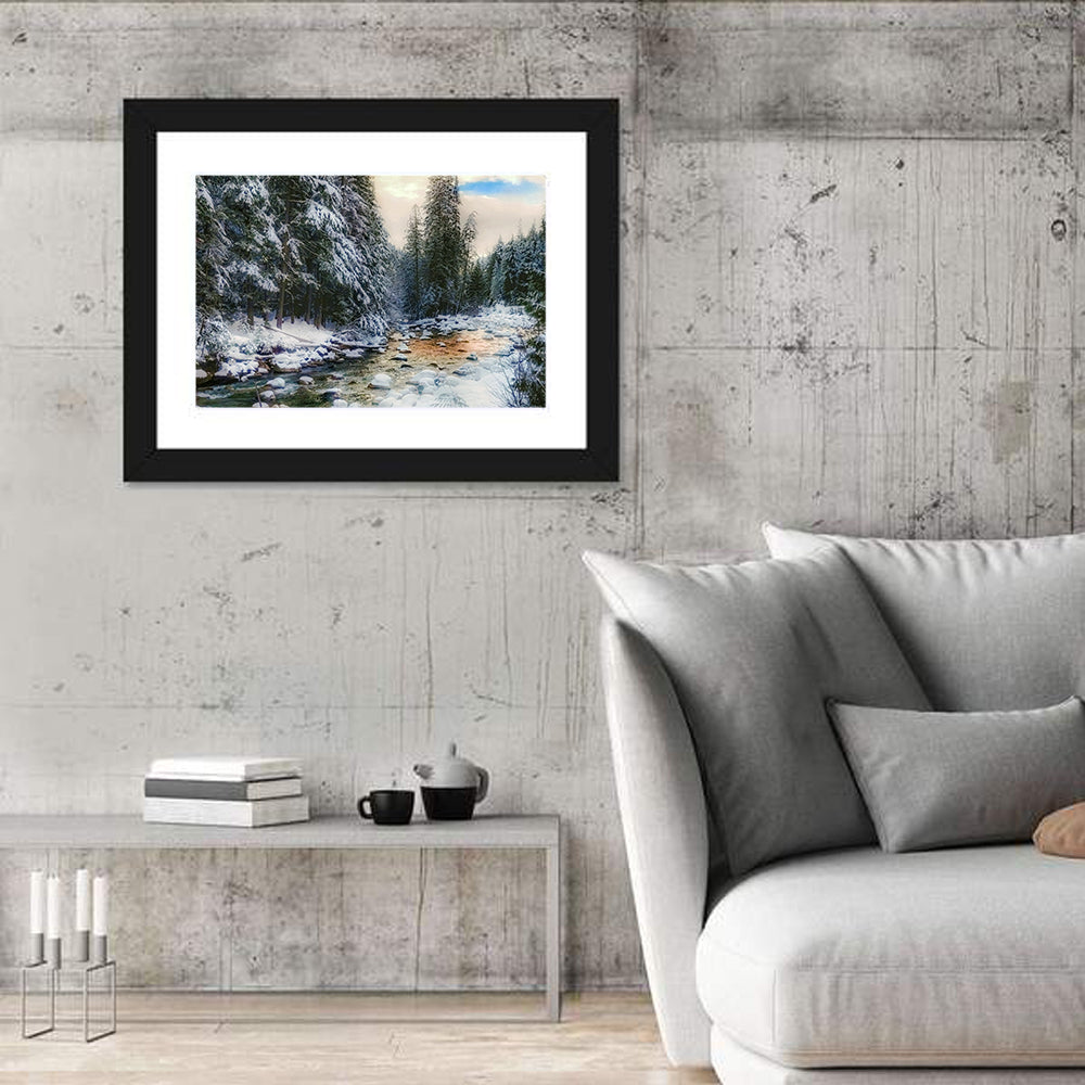 Winter Creek in Snowy Pines Wall Art in a room, landscape