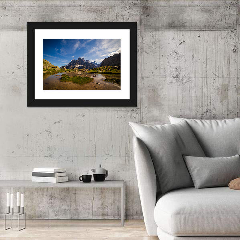 La Meije Alpine Lake and Stone Hut Wall Art in a room, landscape
