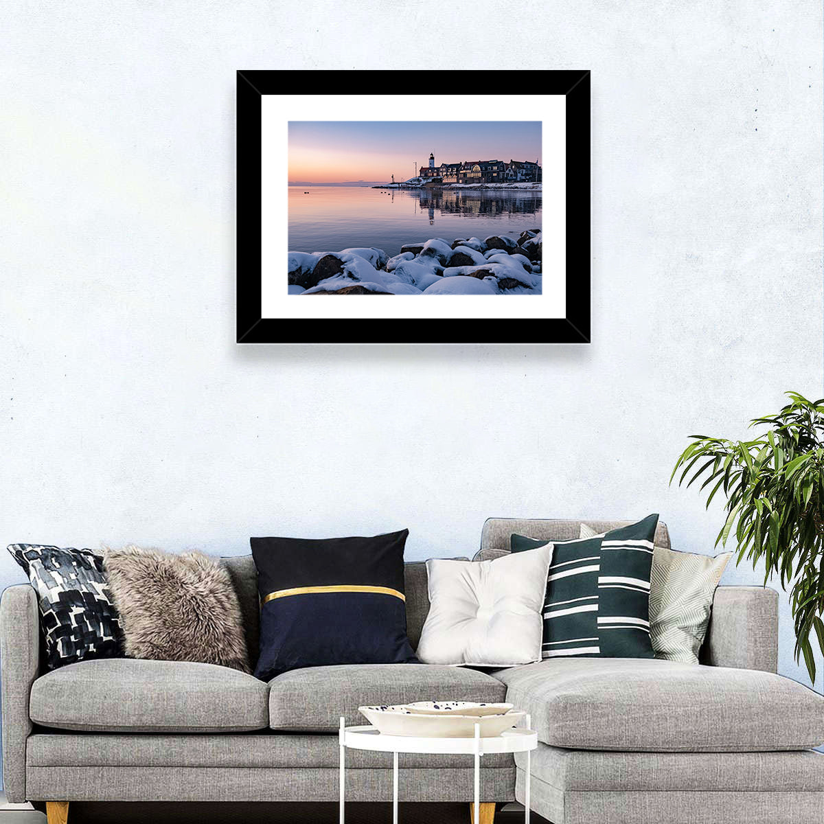 Urk Lighthouse Winter Twilight Harbor Wall Art in a room, landscape