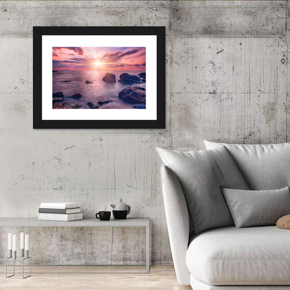 Ethereal Sea Sunrise Wall Art in a room, landscape