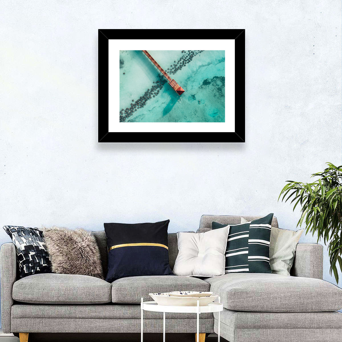 Aerial Red Pier Over Turquoise Water Wall Art in a room, landscape