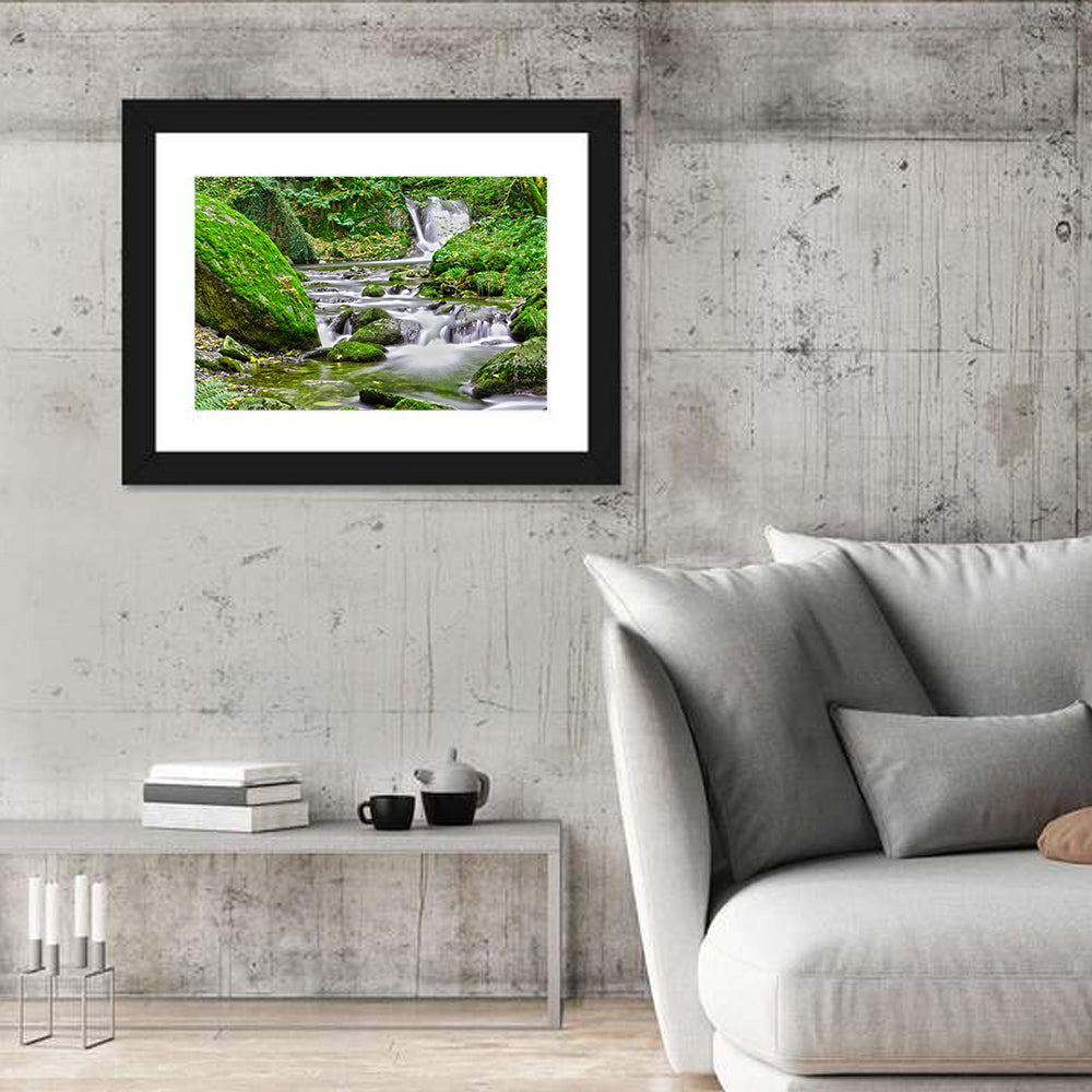 Mossy Forest Stream Wall Art in a room, landscape